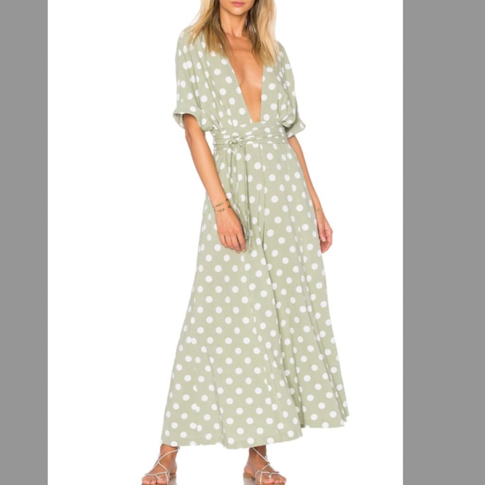 MARA HOFFMAN v-neck jumpsuit (olive green, white polka dot, size 8)